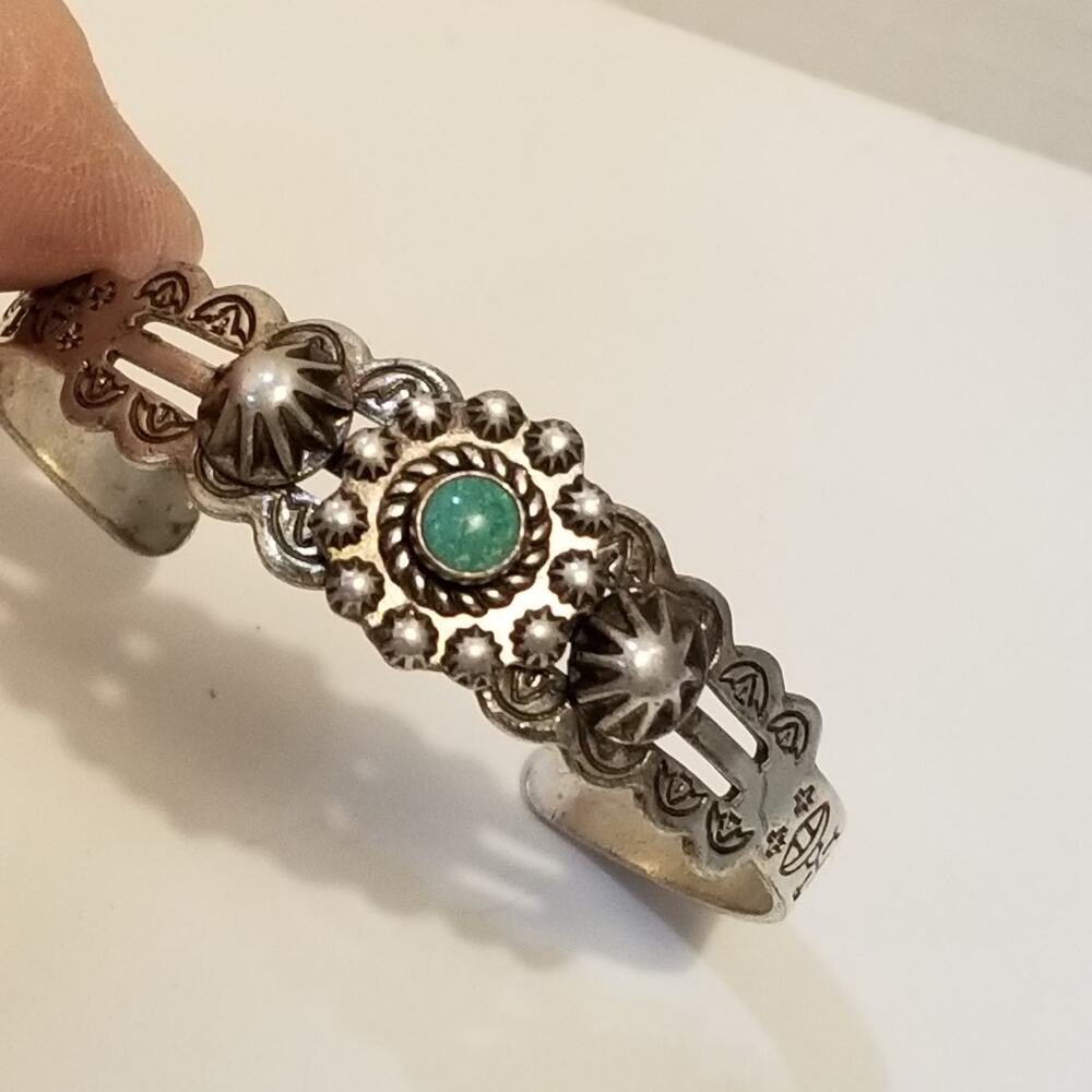Very small one and one fourth inch cuff bracelet blue beaded engraved silvertone